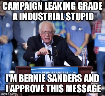 Crazy Bernie | CAMPAIGN LEAKING GRADE A INDUSTRIAL STUPID I'M BERNIE SANDERS AND I APPROVE THIS MESSAGE | image tagged in crazy bernie | made w/ Imgflip meme maker