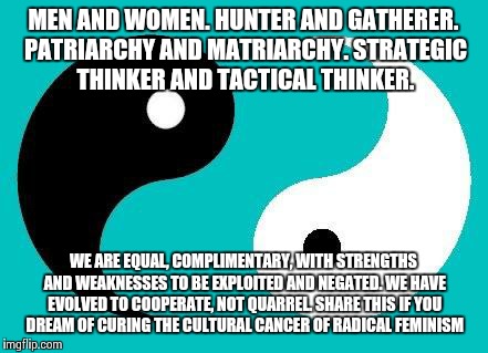 Yin Yang | MEN AND WOMEN. HUNTER AND GATHERER. PATRIARCHY AND MATRIARCHY. STRATEGIC THINKER AND TACTICAL THINKER. WE ARE EQUAL, COMPLIMENTARY, WITH STRENGTHS AND WEAKNESSES TO BE EXPLOITED AND NEGATED. WE HAVE EVOLVED TO COOPERATE, NOT QUARREL. SHARE THIS IF YOU DREAM OF CURING THE CULTURAL CANCER OF RADICAL FEMINISM | image tagged in yin yang | made w/ Imgflip meme maker