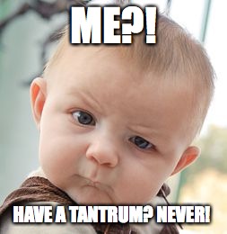 Skeptical Baby Meme | ME?! HAVE A TANTRUM? NEVER! | image tagged in memes,skeptical baby | made w/ Imgflip meme maker