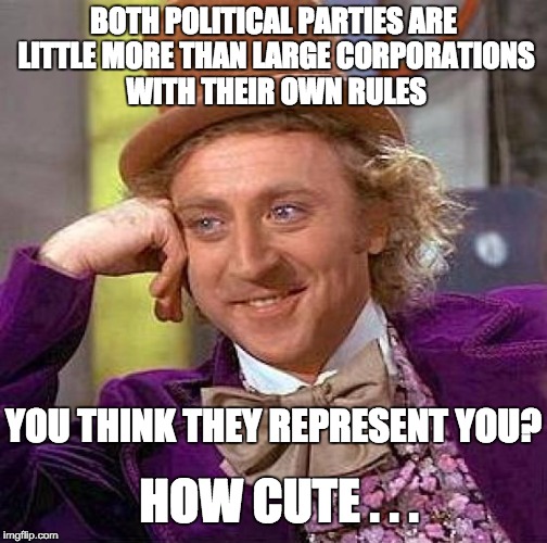 Creepy Condescending Wonka | BOTH POLITICAL PARTIES ARE LITTLE MORE THAN LARGE CORPORATIONS WITH THEIR OWN RULES; YOU THINK THEY REPRESENT YOU? HOW CUTE . . . | image tagged in memes,creepy condescending wonka | made w/ Imgflip meme maker