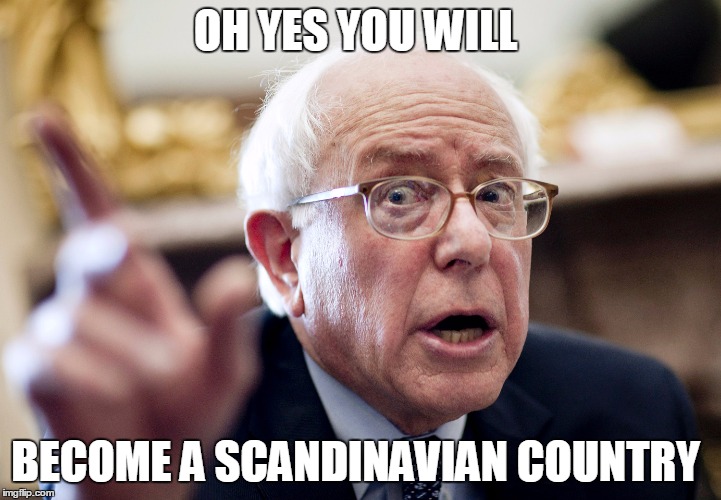 Crazy Bernie Sanders | OH YES YOU WILL; BECOME A SCANDINAVIAN COUNTRY | image tagged in crazy bernie sanders | made w/ Imgflip meme maker