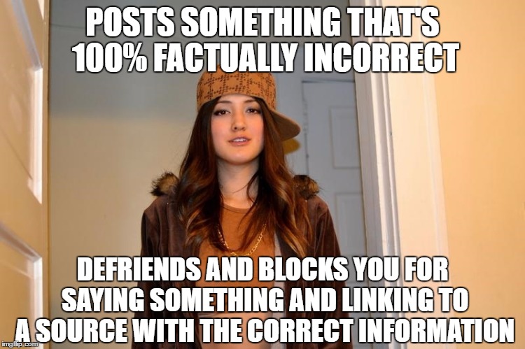 Scumbag Stephanie  | POSTS SOMETHING THAT'S 100% FACTUALLY INCORRECT; DEFRIENDS AND BLOCKS YOU FOR SAYING SOMETHING AND LINKING TO A SOURCE WITH THE CORRECT INFORMATION | image tagged in scumbag stephanie,AdviceAnimals | made w/ Imgflip meme maker