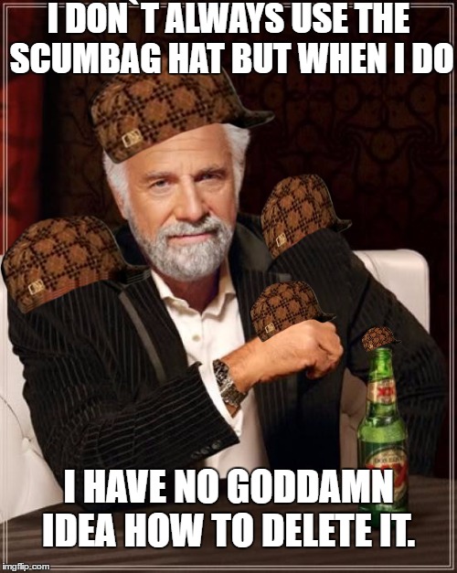 The Most Interesting Man In The World Meme | I DON`T ALWAYS USE THE SCUMBAG HAT BUT WHEN I DO; I HAVE NO GODDAMN IDEA HOW TO DELETE IT. | image tagged in memes,the most interesting man in the world,scumbag | made w/ Imgflip meme maker