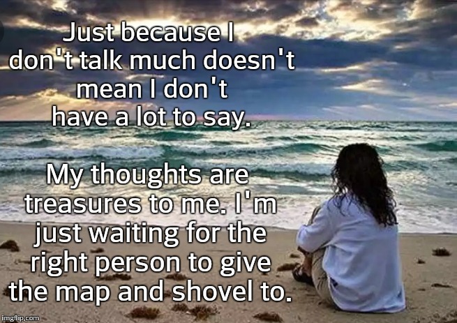 The quietest people often have the loudest minds. | Just because I don't talk much doesn't mean I don't have a lot to say. My thoughts are treasures to me. I'm just waiting for the right person to give the map and shovel to. | image tagged in shy,introvert | made w/ Imgflip meme maker