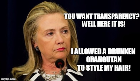 YOU WANT TRANSPARENCY? 

WELL HERE IT IS! I ALLOWED A DRUNKEN ORANGUTAN TO STYLE MY HAIR! | image tagged in hillary clinton,clinton transparency,hillary clinton bad hair | made w/ Imgflip meme maker