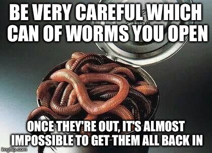 Can of Worms | BE VERY CAREFUL WHICH CAN OF WORMS YOU OPEN; ONCE THEY'RE OUT, IT'S ALMOST IMPOSSIBLE TO GET THEM ALL BACK IN | image tagged in can of worms | made w/ Imgflip meme maker