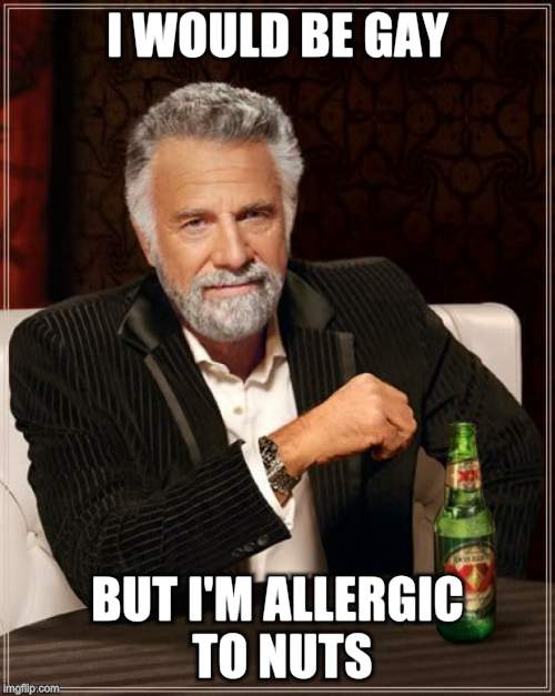 The Most Interesting Man In The World Meme | I WOULD BE GAY BUT I'M ALLERGIC TO NUTS | image tagged in memes,the most interesting man in the world | made w/ Imgflip meme maker