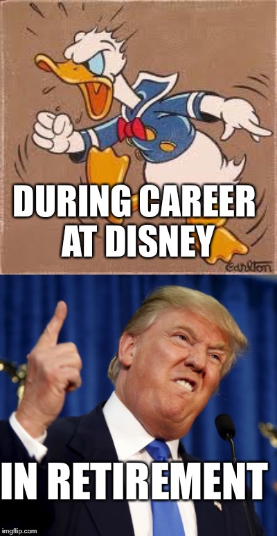  DURING CAREER AT DISNEY; IN RETIREMENT | image tagged in donald trump,donald duck,retirement,disney | made w/ Imgflip meme maker