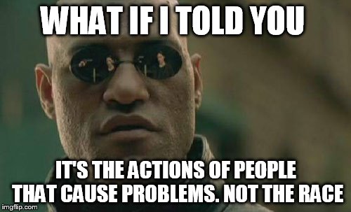 Matrix Morpheus Meme | WHAT IF I TOLD YOU IT'S THE ACTIONS OF PEOPLE THAT CAUSE PROBLEMS. NOT THE RACE | image tagged in memes,matrix morpheus | made w/ Imgflip meme maker