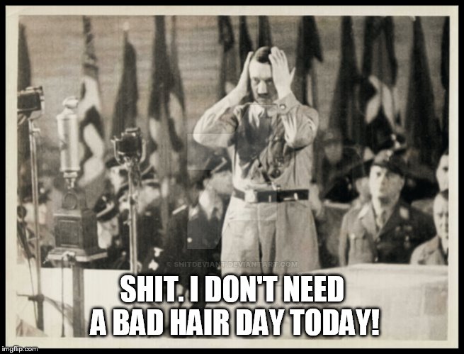 Hitler bad hair day | SHIT. I DON'T NEED A BAD HAIR DAY TODAY! | image tagged in hitler | made w/ Imgflip meme maker