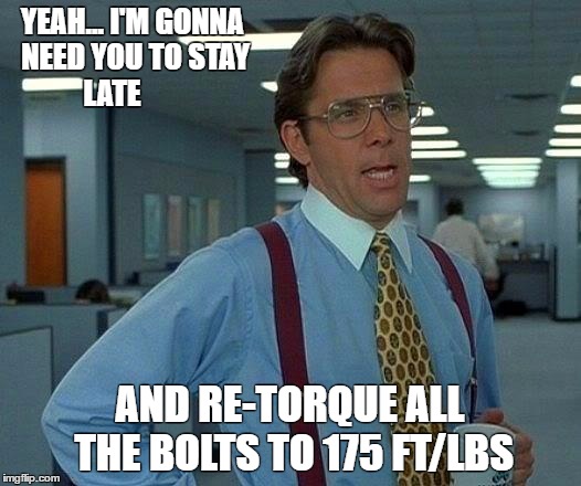 That Would Be Great Meme | YEAH... I'M GONNA NEED YOU TO STAY LATE; AND RE-TORQUE ALL THE BOLTS TO 175 FT/LBS | image tagged in memes,that would be great | made w/ Imgflip meme maker