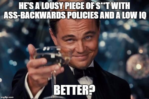 Leonardo Dicaprio Cheers Meme | HE'S A LOUSY PIECE OF S**T WITH ASS-BACKWARDS POLICIES AND A LOW IQ BETTER? | image tagged in memes,leonardo dicaprio cheers | made w/ Imgflip meme maker