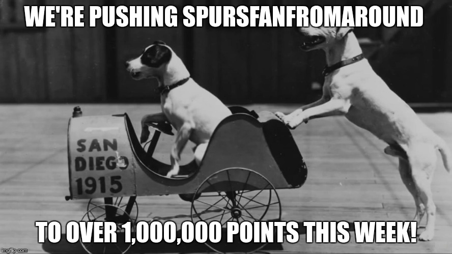 Get in on it! Upvote and comment on Spur's memes! Profile link in comments |  WE'RE PUSHING SPURSFANFROMAROUND; TO OVER 1,000,000 POINTS THIS WEEK! | image tagged in dogs pushing dogs in cars,upvote,one million points | made w/ Imgflip meme maker