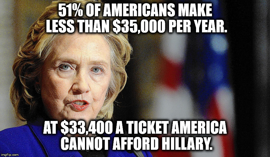 51% OF AMERICANS MAKE LESS THAN $35,000 PER YEAR. AT $33,400 A TICKET AMERICA CANNOT AFFORD HILLARY. | image tagged in hillary clinton,election 2016,primary,democrats,bernie sanders | made w/ Imgflip meme maker