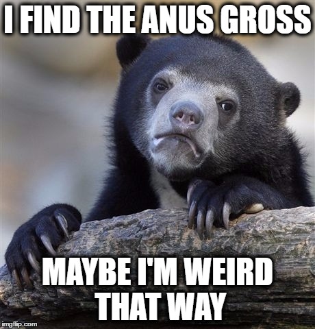 Confession Bear Meme | I FIND THE ANUS GROSS; MAYBE I'M WEIRD THAT WAY | image tagged in memes,confession bear | made w/ Imgflip meme maker