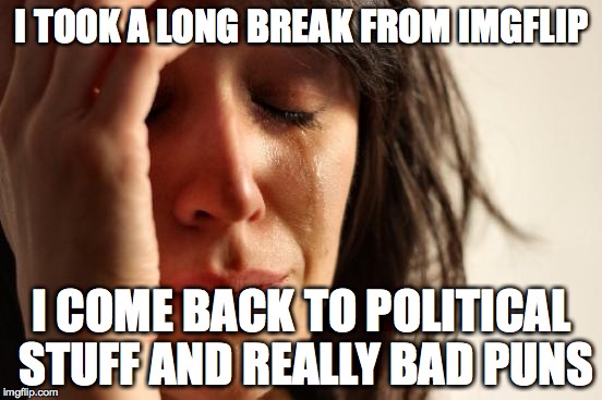 First World Problems Meme | I TOOK A LONG BREAK FROM IMGFLIP; I COME BACK TO POLITICAL STUFF AND
REALLY BAD PUNS | image tagged in memes,first world problems | made w/ Imgflip meme maker