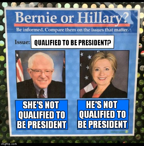 Finally, something that I can agree with both of them on! | QUALIFIED TO BE PRESIDENT? HE'S NOT QUALIFIED TO BE PRESIDENT; SHE'S NOT QUALIFIED TO BE PRESIDENT | image tagged in bernie or hillary,meme,funny | made w/ Imgflip meme maker