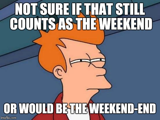 Futurama Fry Meme | NOT SURE IF THAT STILL COUNTS AS THE WEEKEND OR WOULD BE THE WEEKEND-END | image tagged in memes,futurama fry | made w/ Imgflip meme maker