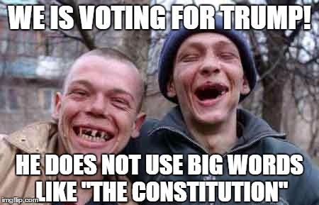 rednecks | WE IS VOTING FOR TRUMP! HE DOES NOT USE BIG WORDS LIKE "THE CONSTITUTION" | image tagged in rednecks | made w/ Imgflip meme maker