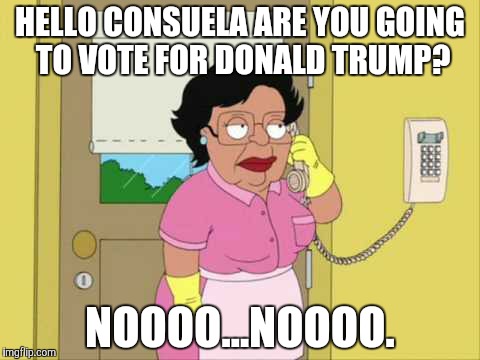 Consuela | HELLO CONSUELA ARE YOU GOING TO VOTE FOR DONALD TRUMP? NOOOO...NOOOO. | image tagged in memes,consuela | made w/ Imgflip meme maker