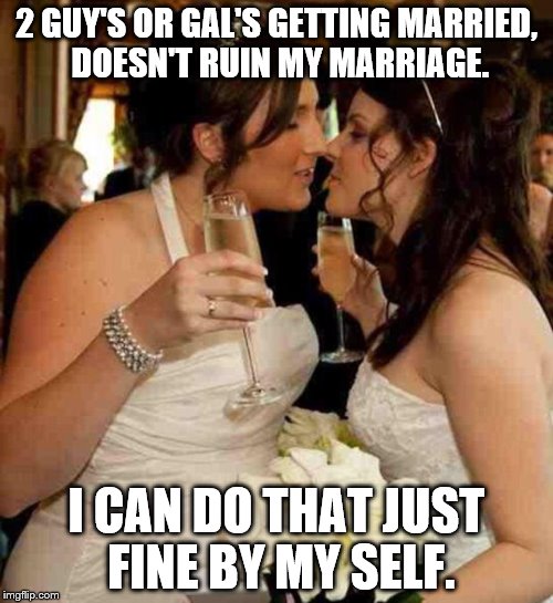 lesbian wedding | 2 GUY'S OR GAL'S GETTING MARRIED, DOESN'T RUIN MY MARRIAGE. I CAN DO THAT JUST FINE BY MY SELF. | image tagged in lesbian wedding | made w/ Imgflip meme maker