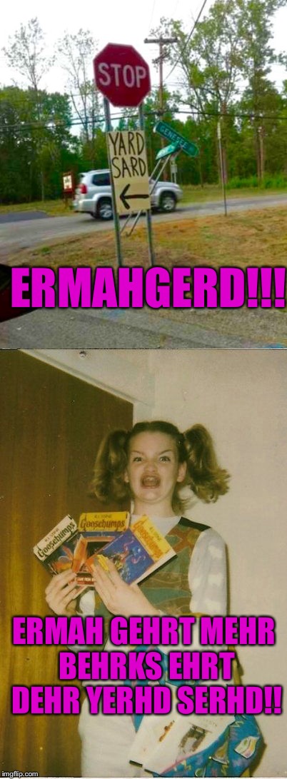 Saw this pic online today, and made me think of.... HER: |  ERMAHGERD!!! ERMAH GEHRT MEHR BEHRKS EHRT DEHR YERHD SERHD!! | image tagged in memes,funny signs,ermagherd | made w/ Imgflip meme maker