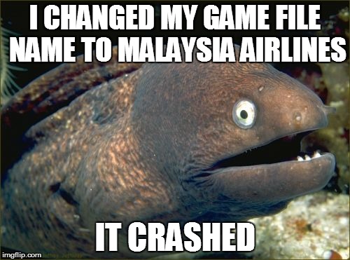 Bad Joke Eel Meme | I CHANGED MY GAME FILE NAME TO MALAYSIA AIRLINES; IT CRASHED | image tagged in memes,bad joke eel | made w/ Imgflip meme maker