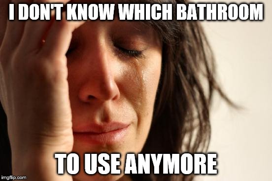 First World Problems Meme | I DON'T KNOW WHICH BATHROOM TO USE ANYMORE | image tagged in memes,first world problems | made w/ Imgflip meme maker