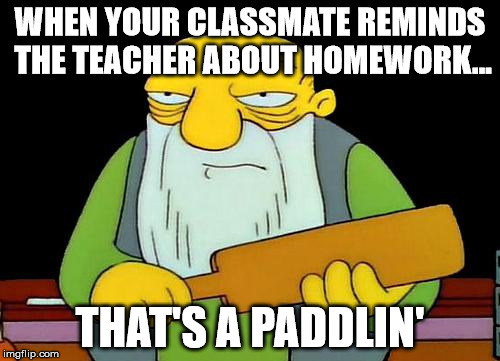 That's a paddlin' Meme | WHEN YOUR CLASSMATE REMINDS THE TEACHER ABOUT HOMEWORK... THAT'S A PADDLIN' | image tagged in memes,that's a paddlin' | made w/ Imgflip meme maker