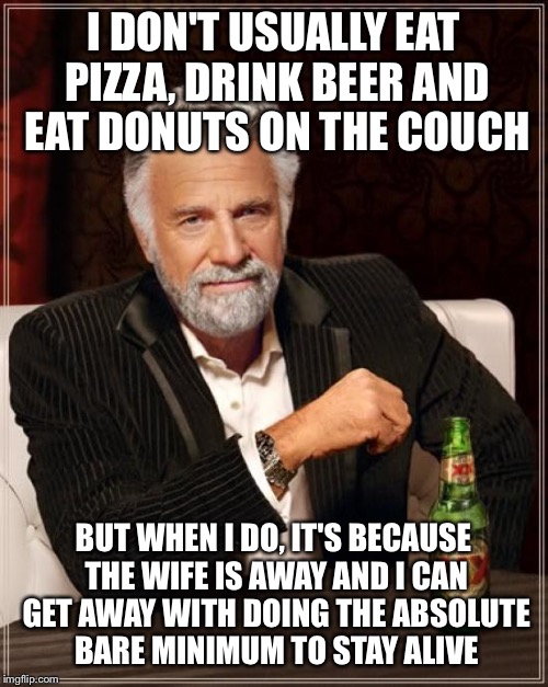 The Most Interesting Man In The World Meme |  I DON'T USUALLY EAT PIZZA, DRINK BEER AND EAT DONUTS ON THE COUCH; BUT WHEN I DO, IT'S BECAUSE THE WIFE IS AWAY AND I CAN GET AWAY WITH DOING THE ABSOLUTE BARE MINIMUM TO STAY ALIVE | image tagged in memes,the most interesting man in the world | made w/ Imgflip meme maker