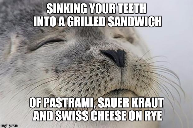 Sandwich | SINKING YOUR TEETH INTO A GRILLED SANDWICH; OF PASTRAMI, SAUER KRAUT AND SWISS CHEESE ON RYE | image tagged in memes,satisfied seal | made w/ Imgflip meme maker