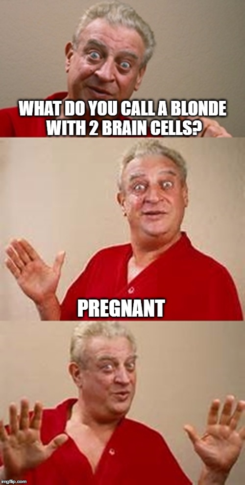 bad pun Dangerfield  | WHAT DO YOU CALL A BLONDE WITH 2 BRAIN CELLS? PREGNANT | image tagged in bad pun dangerfield | made w/ Imgflip meme maker