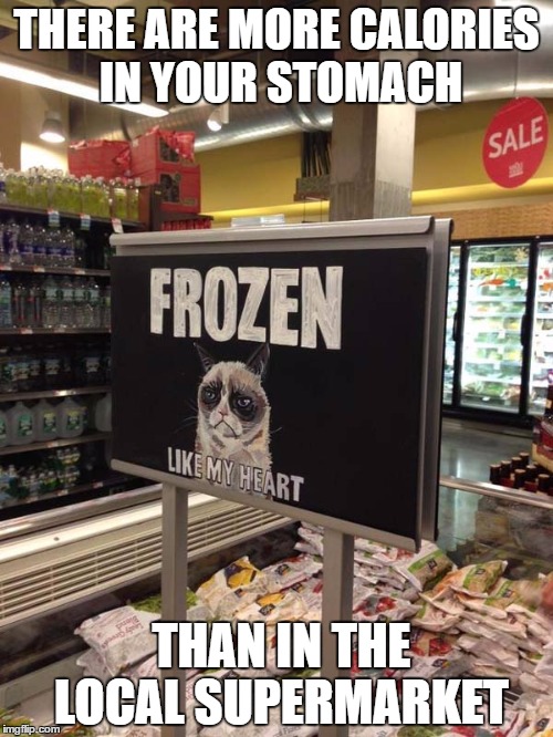 Grumpy cats frozen heart  | THERE ARE MORE CALORIES IN YOUR STOMACH; THAN IN THE LOCAL SUPERMARKET | image tagged in grumpy cat frozen heart,grumpy cat,memes,food | made w/ Imgflip meme maker