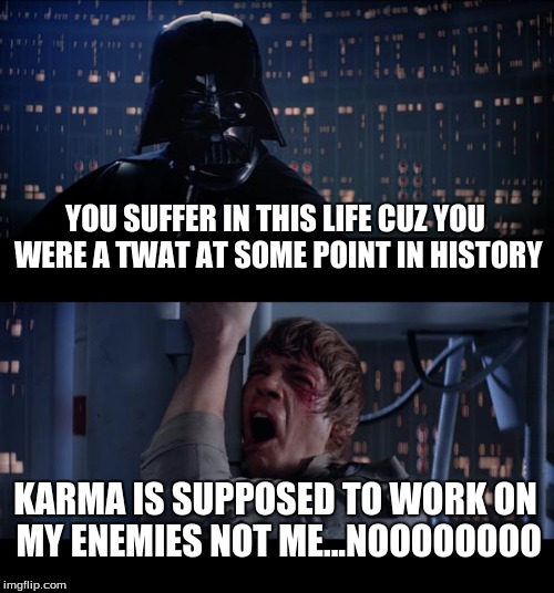 Star Wars No | YOU SUFFER IN THIS LIFE CUZ YOU WERE A TWAT AT SOME POINT IN HISTORY; KARMA IS SUPPOSED TO WORK ON MY ENEMIES NOT ME...NOOOOOOOO | image tagged in memes,star wars no | made w/ Imgflip meme maker
