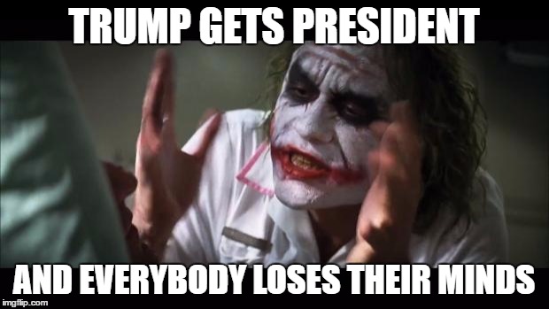 And everybody loses their minds | TRUMP GETS PRESIDENT; AND EVERYBODY LOSES THEIR MINDS | image tagged in memes,and everybody loses their minds | made w/ Imgflip meme maker