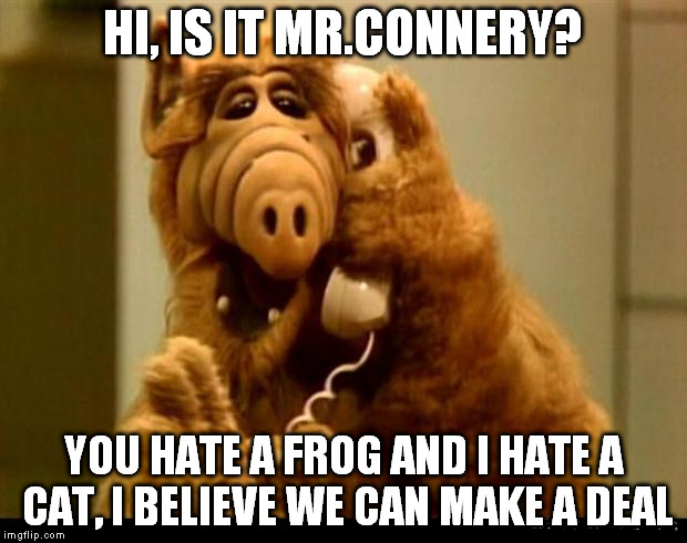 Suddenly Alf shows up. | HI, IS IT MR.CONNERY? YOU HATE A FROG AND I HATE A CAT, I BELIEVE WE CAN MAKE A DEAL | image tagged in memes,alf phone | made w/ Imgflip meme maker