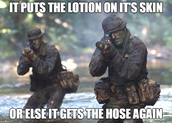 IT PUTS THE LOTION ON IT'S SKIN; OR ELSE IT GETS THE HOSE AGAIN | image tagged in raf regt,raf regiment | made w/ Imgflip meme maker