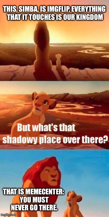 Telling new users what to do and how great this place is. | THIS, SIMBA, IS IMGFLIP. EVERYTHING THAT IT TOUCHES IS OUR KINGDOM; THAT IS MEMECENTER: YOU MUST NEVER GO THERE. | image tagged in memes,simba shadowy place | made w/ Imgflip meme maker
