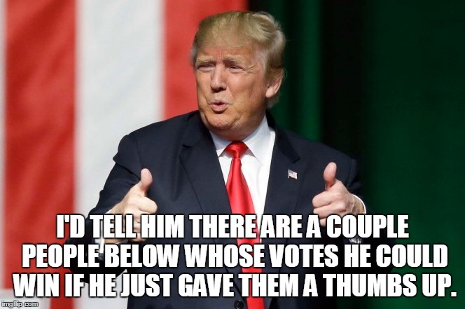I'D TELL HIM THERE ARE A COUPLE PEOPLE BELOW WHOSE VOTES HE COULD WIN IF HE JUST GAVE THEM A THUMBS UP. | made w/ Imgflip meme maker