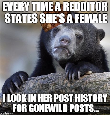Confession Bear | EVERY TIME A REDDITOR STATES SHE'S A FEMALE; I LOOK IN HER POST HISTORY FOR GONEWILD POSTS... | image tagged in memes,confession bear,scumbag | made w/ Imgflip meme maker