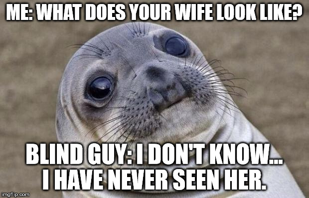 Awkward Moment Sealion Meme | ME: WHAT DOES YOUR WIFE LOOK LIKE? BLIND GUY: I DON'T KNOW... I HAVE NEVER SEEN HER. | image tagged in memes,awkward moment sealion,AdviceAnimals | made w/ Imgflip meme maker