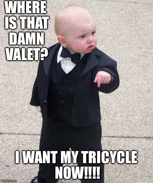 Baby Godfather | WHERE IS THAT DAMN VALET? I WANT MY TRICYCLE NOW!!!! | image tagged in memes,baby godfather | made w/ Imgflip meme maker