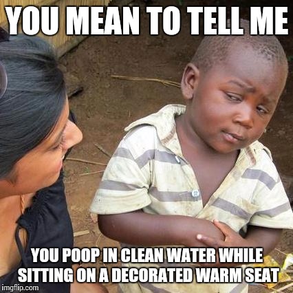 Third World Skeptical Kid Meme | YOU MEAN TO TELL ME; YOU POOP IN CLEAN WATER WHILE SITTING ON A DECORATED WARM SEAT | image tagged in memes,third world skeptical kid | made w/ Imgflip meme maker