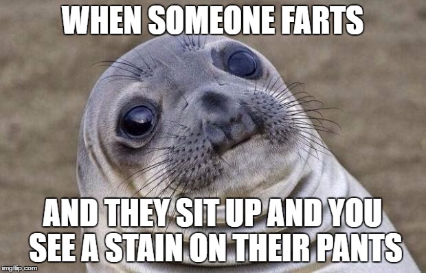 Awkward Moment Sealion | WHEN SOMEONE FARTS; AND THEY SIT UP AND YOU SEE A STAIN ON THEIR PANTS | image tagged in memes,awkward moment sealion | made w/ Imgflip meme maker