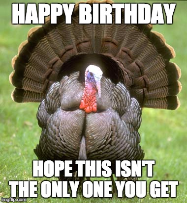 Turkey | HAPPY BIRTHDAY; HOPE THIS ISN'T THE ONLY ONE YOU GET | image tagged in memes,turkey | made w/ Imgflip meme maker