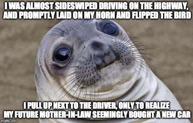 Awkward Moment Sealion Meme | I WAS ALMOST SIDESWIPED DRIVING ON THE HIGHWAY, AND PROMPTLY LAID ON MY HORN AND FLIPPED THE BIRD; I PULL UP NEXT TO THE DRIVER, ONLY TO REALIZE MY FUTURE MOTHER-IN-LAW SEEMINGLY BOUGHT A NEW CAR | image tagged in memes,awkward moment sealion,AdviceAnimals | made w/ Imgflip meme maker