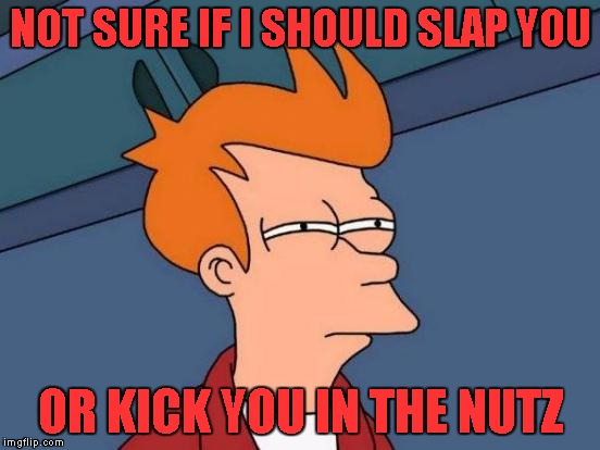 Futurama Fry Meme | NOT SURE IF I SHOULD SLAP YOU OR KICK YOU IN THE NUTZ | image tagged in memes,futurama fry | made w/ Imgflip meme maker