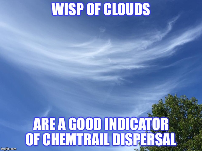 Wisp of Clouds | WISP OF CLOUDS; ARE A GOOD INDICATOR OF CHEMTRAIL DISPERSAL | image tagged in chemtrails,cloud,geoengineering,chemtrail,sky | made w/ Imgflip meme maker