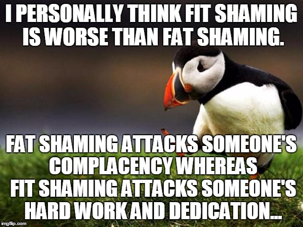 Unpopular Opinion Puffin Meme | I PERSONALLY THINK FIT SHAMING IS WORSE THAN FAT SHAMING. FAT SHAMING ATTACKS SOMEONE'S COMPLACENCY WHEREAS FIT SHAMING ATTACKS SOMEONE'S HARD WORK AND DEDICATION... | image tagged in memes,unpopular opinion puffin | made w/ Imgflip meme maker