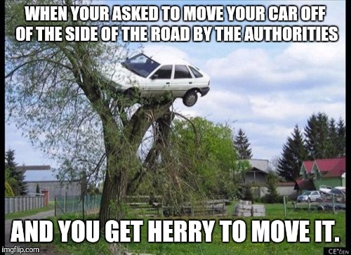 Secure Parking | WHEN YOUR ASKED TO MOVE YOUR CAR OFF OF THE SIDE OF THE ROAD BY THE AUTHORITIES; AND YOU GET HERRY TO MOVE IT. | image tagged in memes,secure parking | made w/ Imgflip meme maker